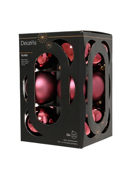 Caja de 12 bolas de Navidad de cristal mate y brillo granate Ø6 cm
