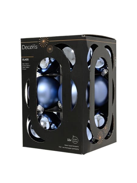 Caja de 12 bolas de Navidad de cristal mate y brillo azul amanecer Ø6 cm