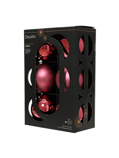 Caja de 6 bolas de Navidad de cristal mate y brillo granate Ø8 cm