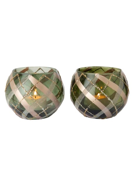 Portavelas de cuadros verde/dorado Ø10×8 cm