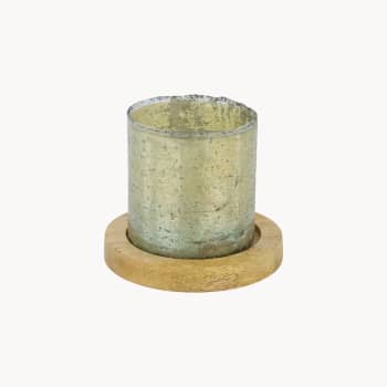 Portavelas verde con base de madera 10 cm