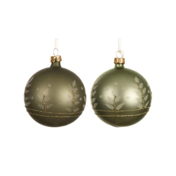 Bola de Navidad de cristal con hojas y purpurina Ø8 cm