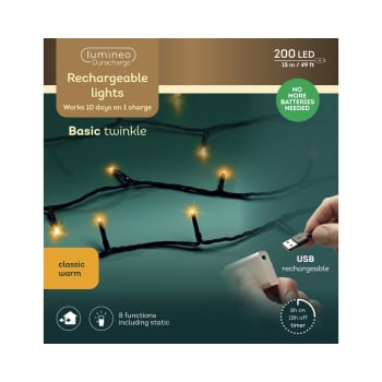 Guirnalda LED recargable tono cálido 200 luces (cable negro de 15 m)