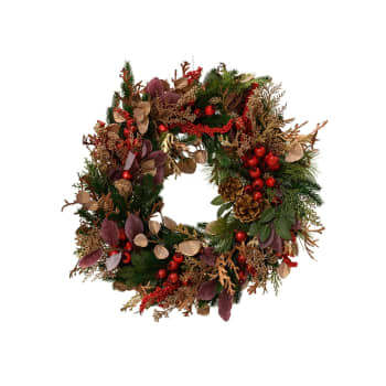 Corona artificial de hojas doradas, bayas y piñas Ø60 cm