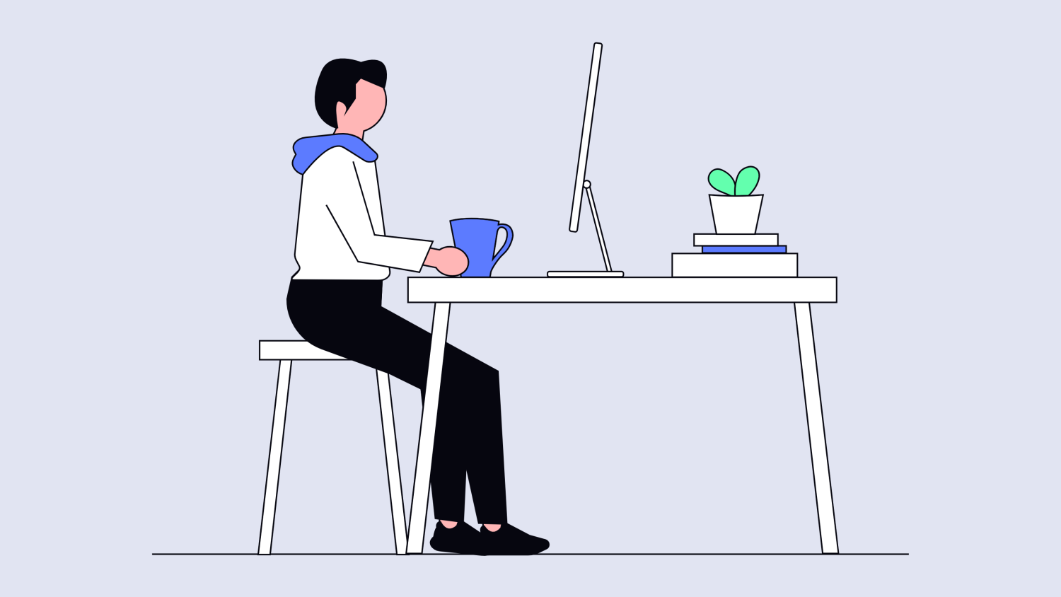 illustration of an artist sitting at desk with coffee cup