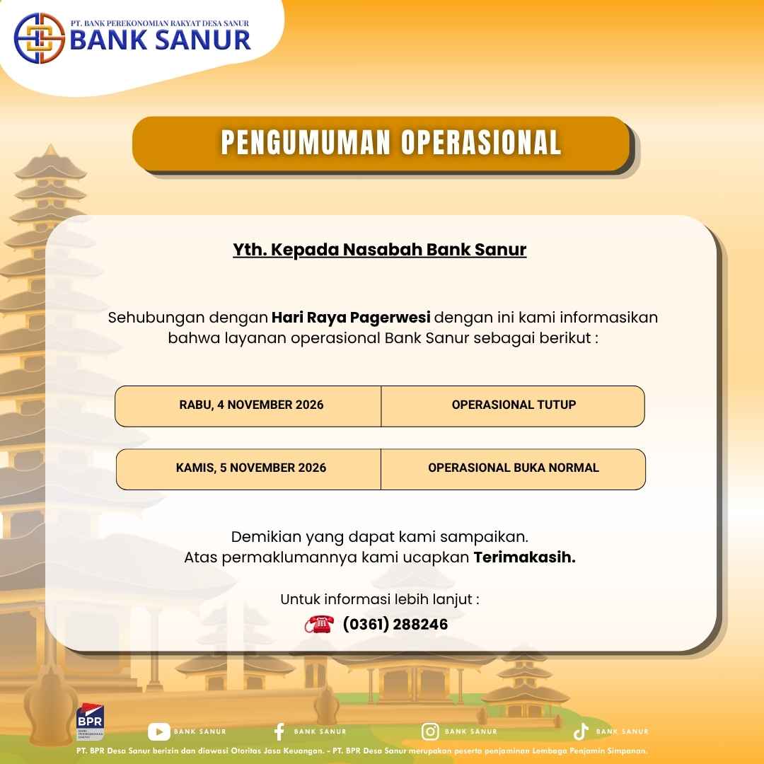 Pengumuman Operasional Layanan Bank Sanur Menyambut Hari Raya Pagerwesi