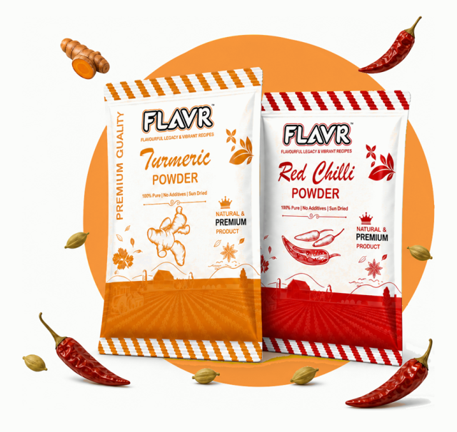 FLAVR turmeric and red chilli pouches on a gold circle