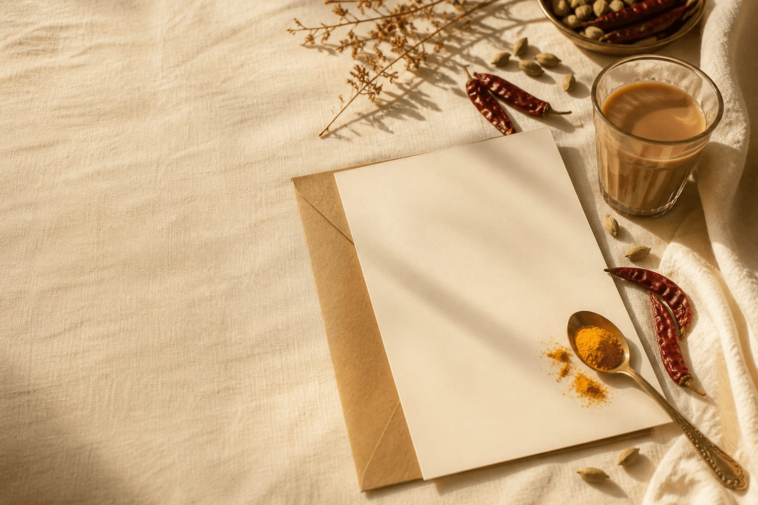 A blank letter, chai, and spices on cream linen