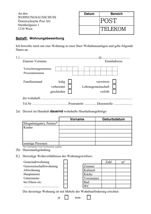 Wohnungsansuchen für den Bereich Wien, NÖ und Bgld