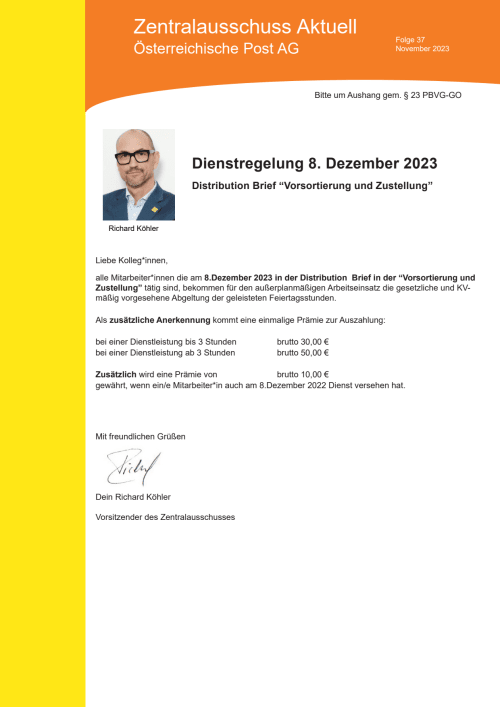 Dienstregelung 8. Dezember 2023 Distribution Brief “Vorsortierung und Zustellung”