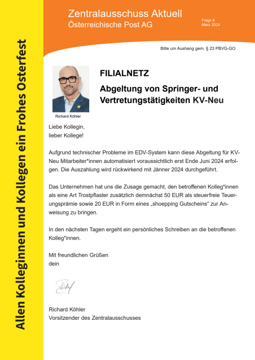 Filialnetz Abgeltung von Springer- und Vertretungstätigkeiten KV-Neu