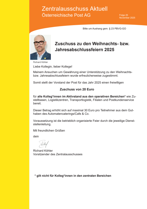 Zuschuss zu den Weihnachts- bzw. Jahresabschlussfeiern 2025