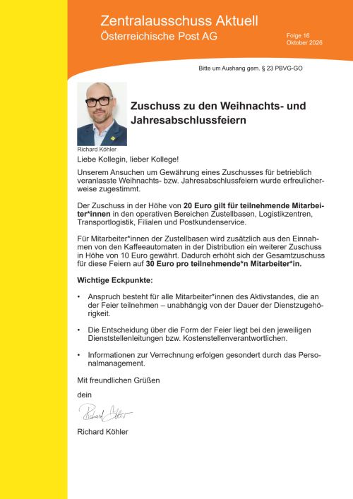 Zuschuss zu den Weihnachts- und Jahresabschlussfeiern 2026