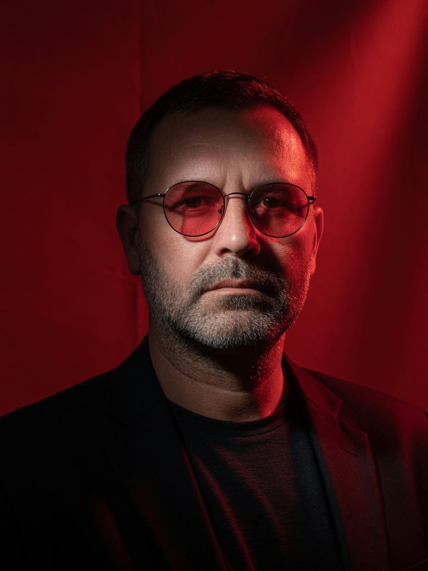 Red Editorial Portrait with Tinted Glasses