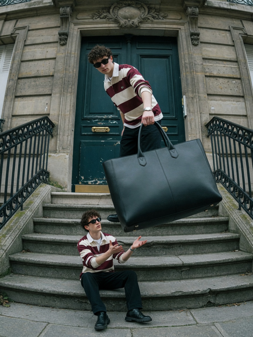 Forced Perspective Tote on Stone Steps