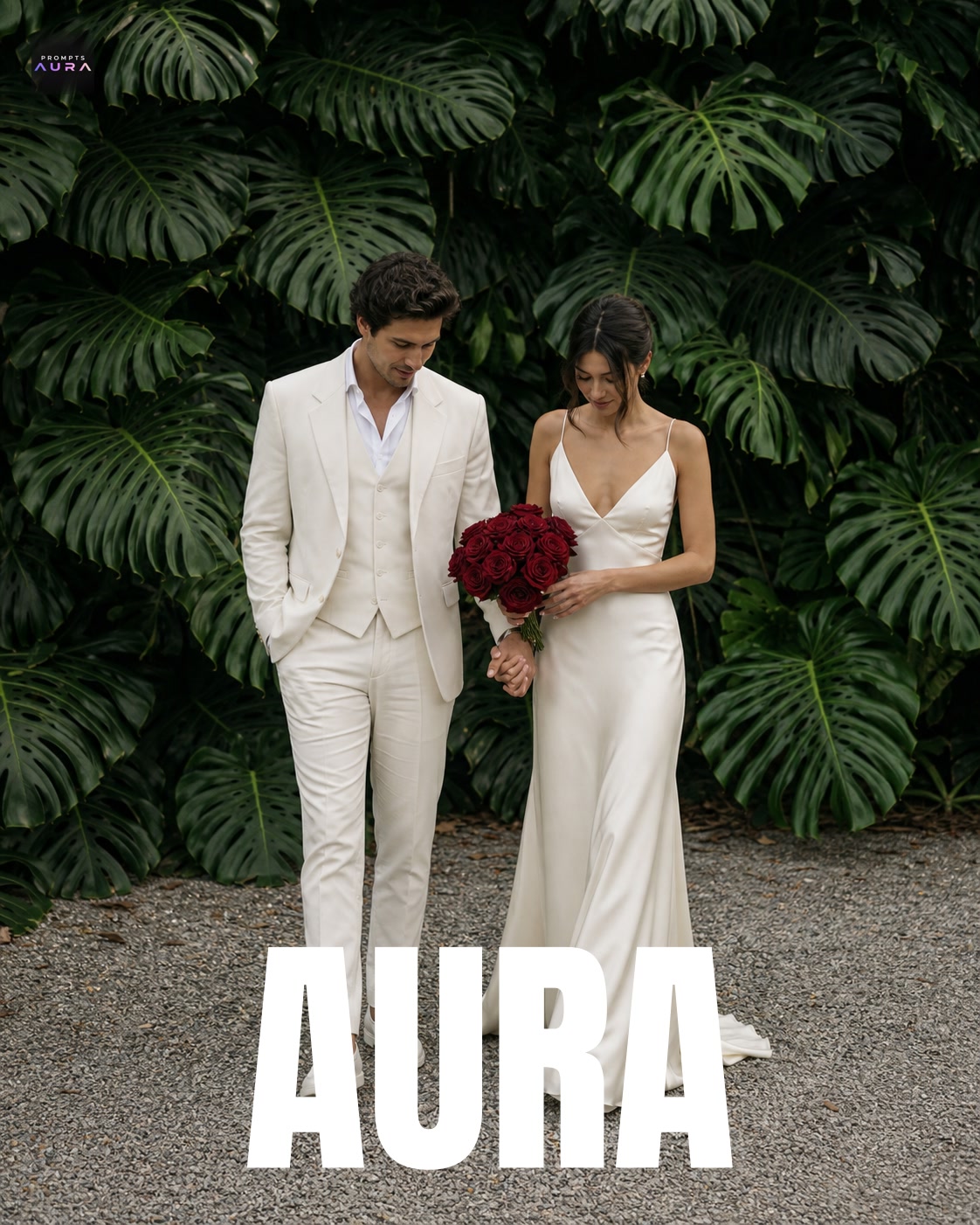 White Wedding Couple in Monstera Garden