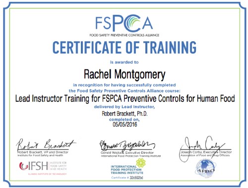 Rachel Montgomery - FSPCA Lead Instructor Certification