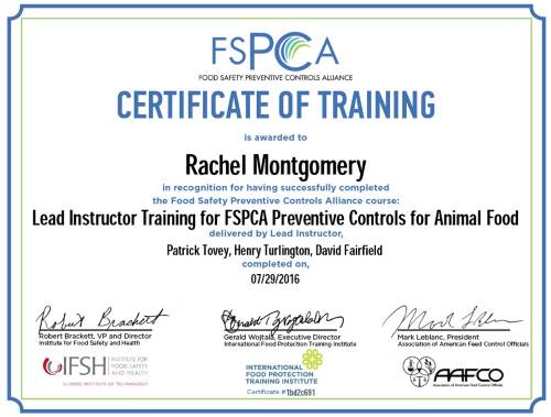 Rachel Montgomery - FSPCA Lead Instructor Certification (Animal Food)