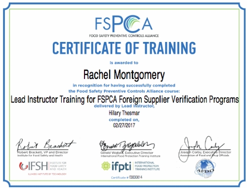 Rachel Montgomery - FSPCA Lead Instructor Certification (FSVP)