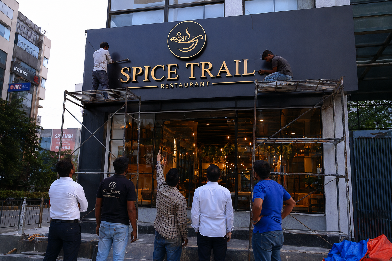 Craftmark Signage workers installing Spice Trail Restaurant signage in Hyderabad