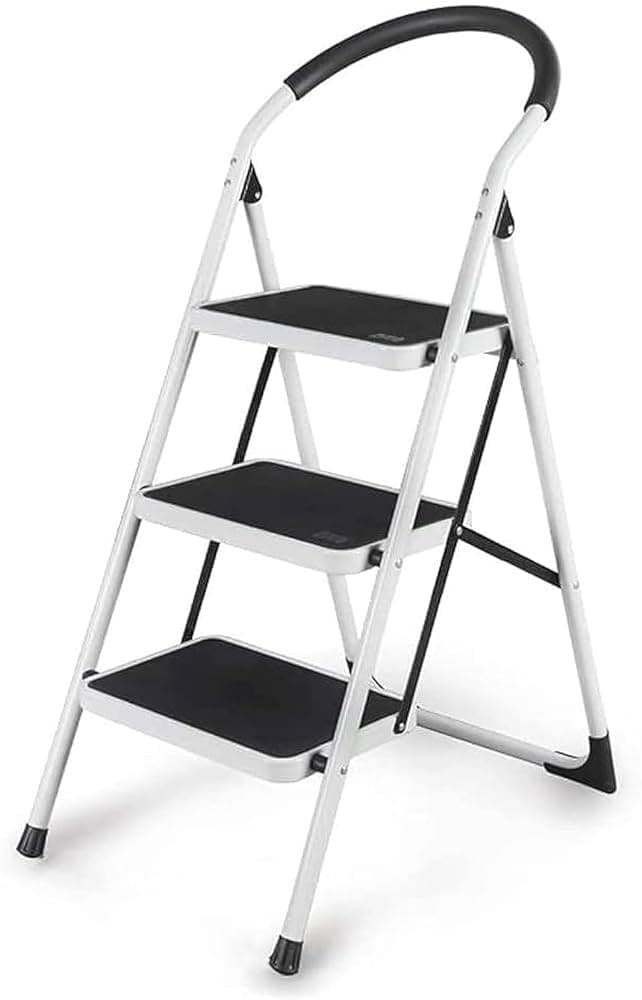 HIGH QUALITY WHITE CARBON STEEL FOLDING STEP LADDER WITH ANTI SLIP RUBBER PADS
