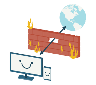 Smiling devices connected to a globe through a break in a firewall.