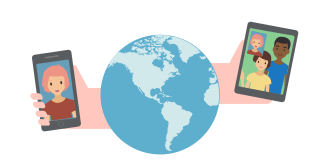 VoIP VPN: Hands holding phones with video calls, extending from a globe.