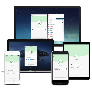 Mobile phones, a tablet, a laptop, and a desktop all running ExpressVPN simultaneously.