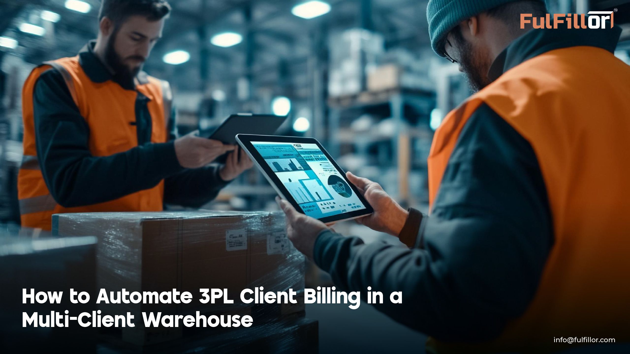 Warehouse staff using tablet-based 3PL billing software in a multi-client warehouse environment.