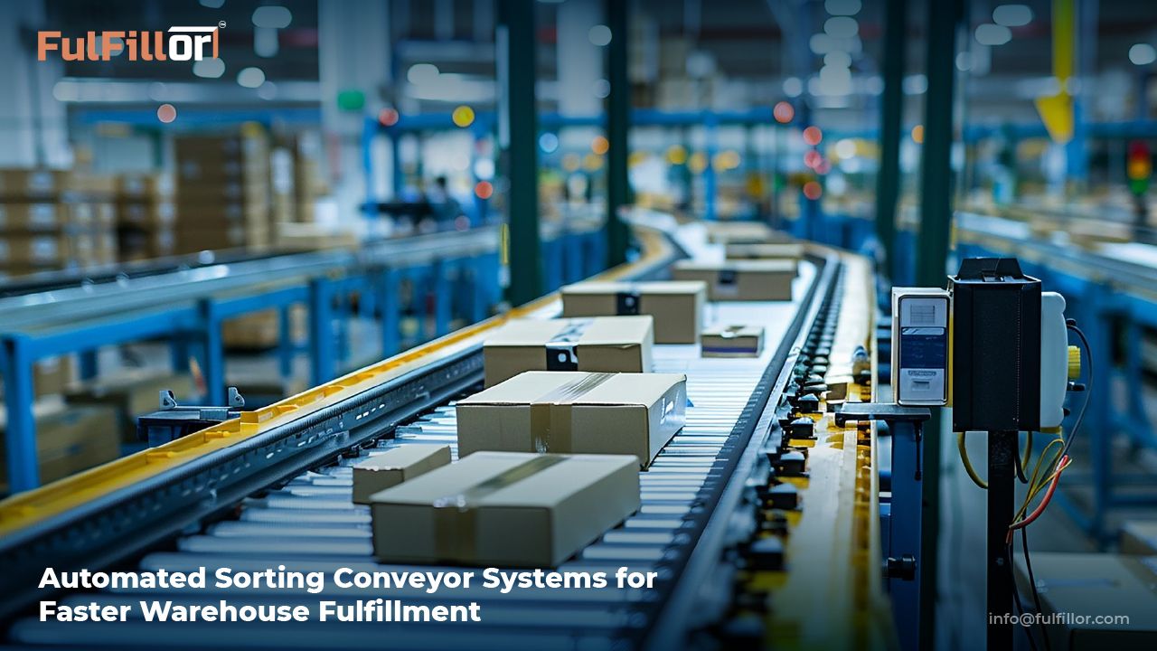 Automated sorting conveyor system moving packages for faster warehouse fulfillment
