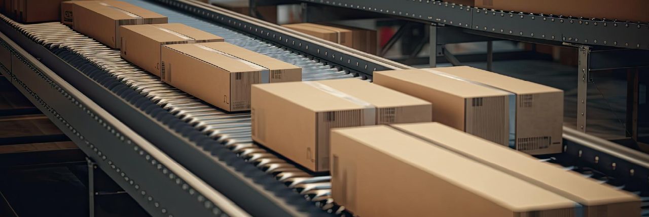 Packages moving through a warehouse sorting conveyor system