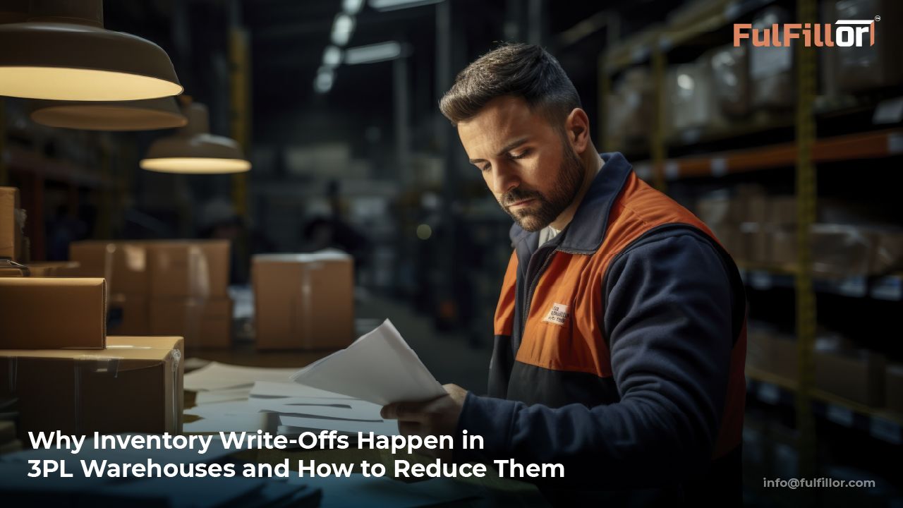 Warehouse worker reviewing inventory write-offs in a 3PL warehouse