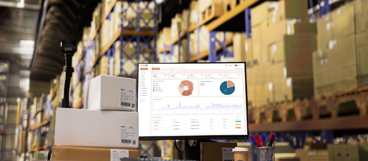Ecommerce WMS dashboard displayed in a warehouse to monitor inventory, orders, and fulfillment performance.