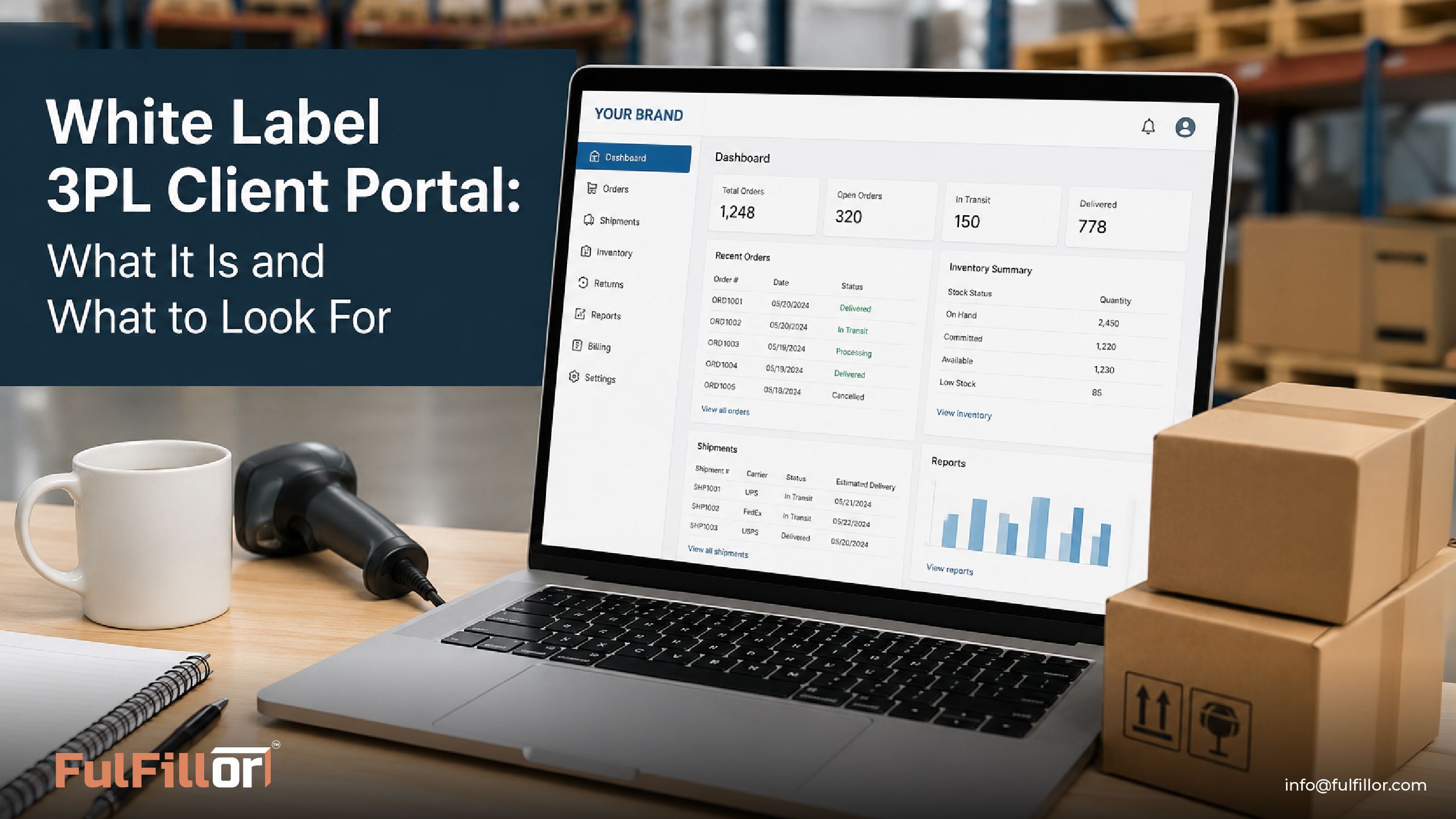 Branded 3PL client portal dashboard with inventory and order tracking