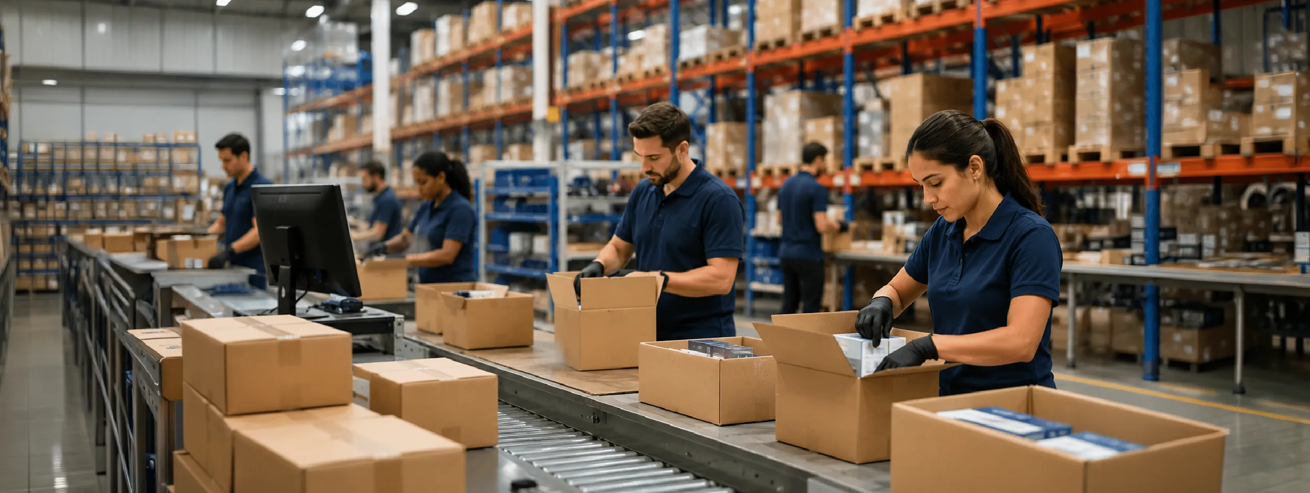 Warehouse staff performing 3PL pick and pack operations in a fulfillment center