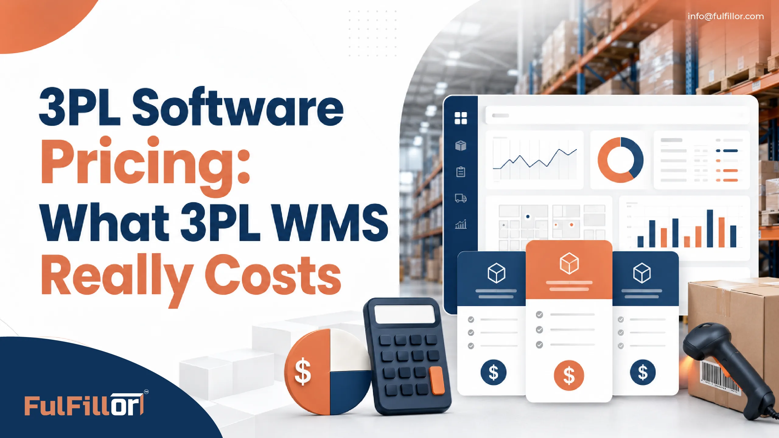 3PL software pricing guide showing WMS cost, warehouse dashboards, billing cards, and barcode scanning
