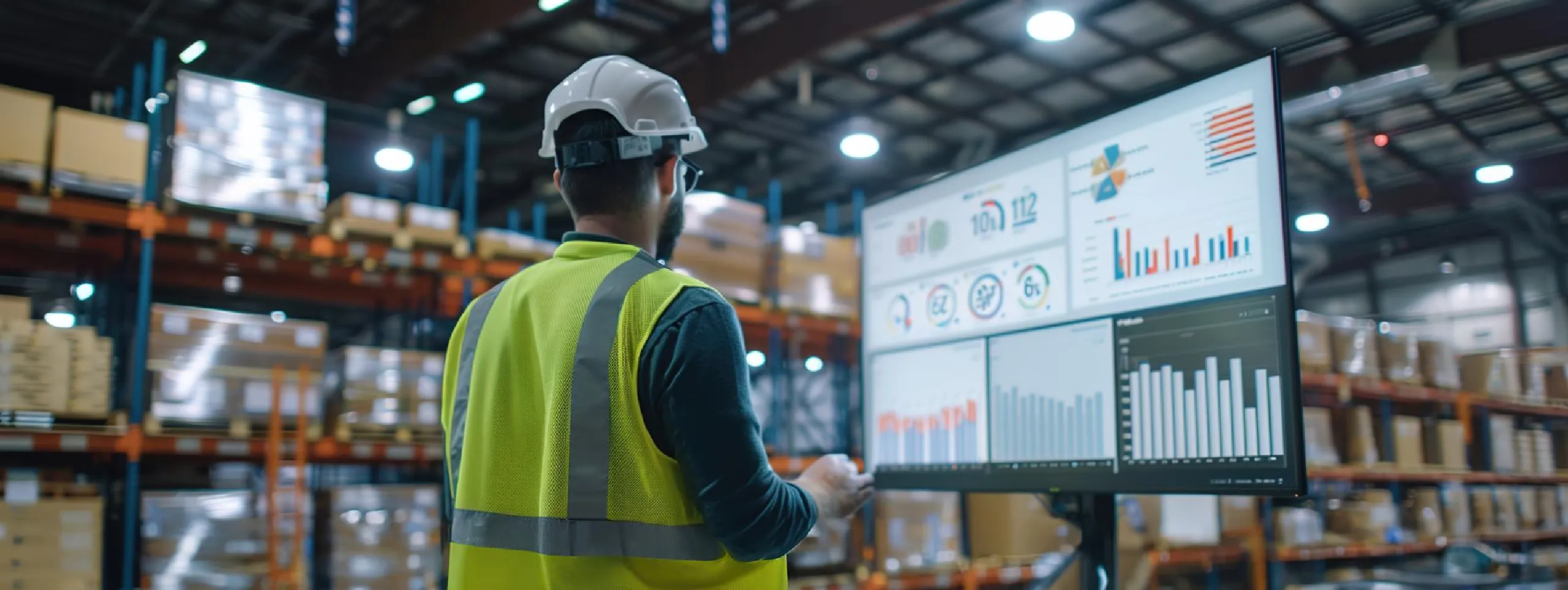 Warehouse manager reviewing 3PL WMS pricing and performance dashboard in a fulfillment center