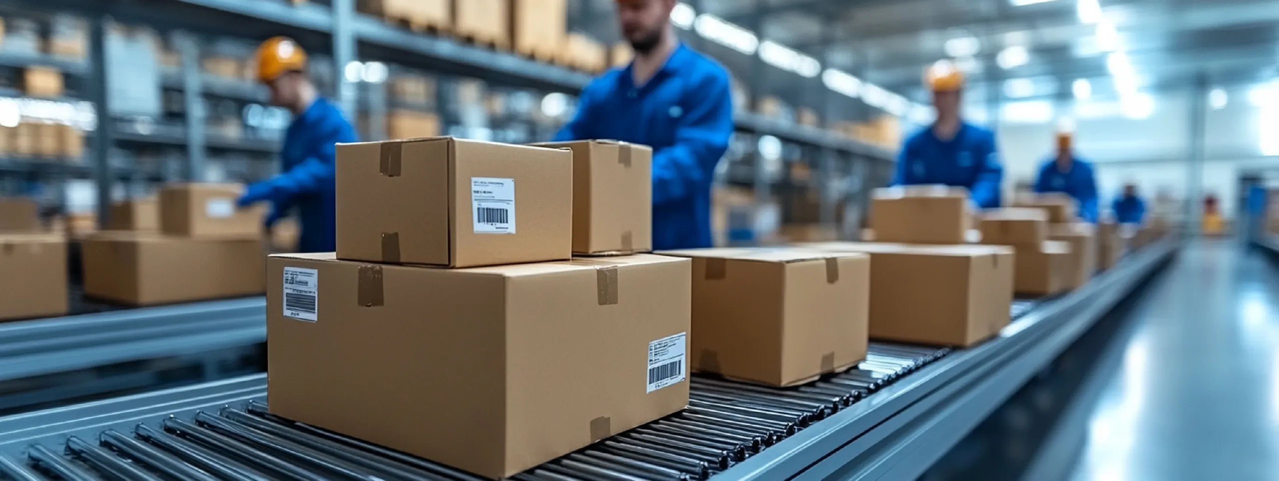 Warehouse workers processing packed orders on a conveyor