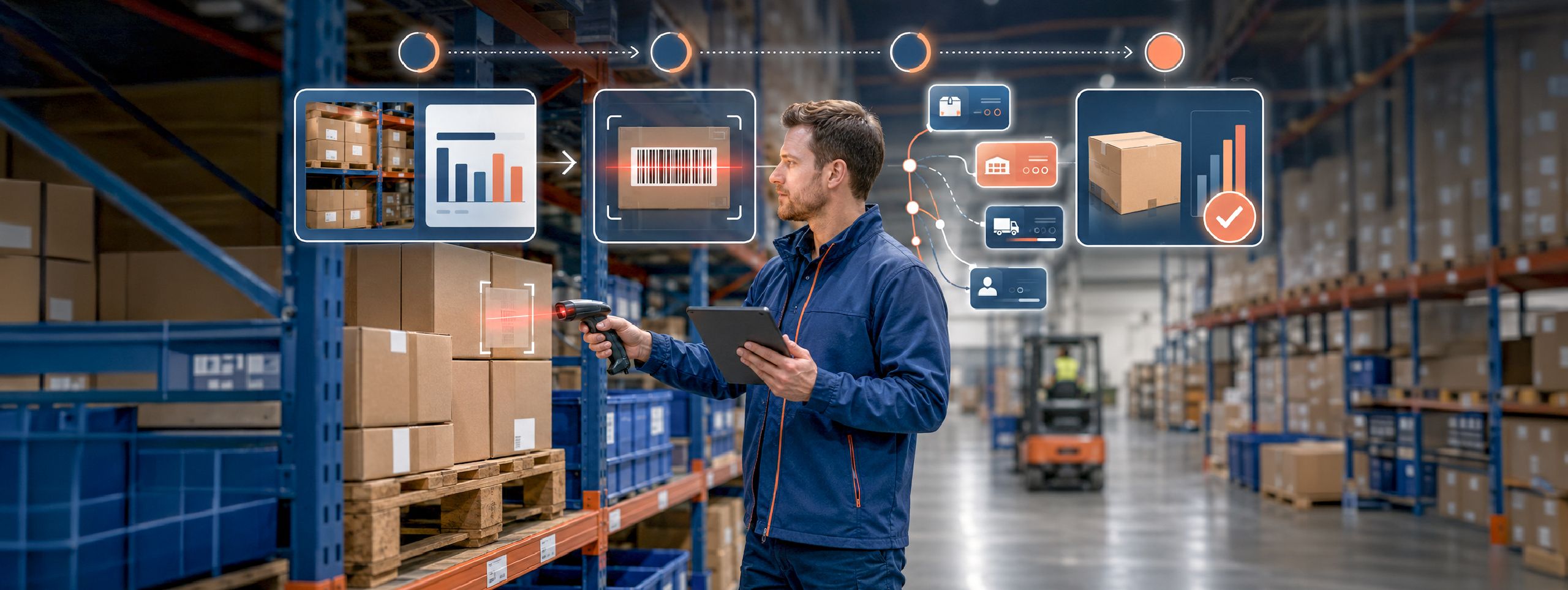 Warehouse operator scanning inventory while reviewing WMS transaction data in a multi-client 3PL warehouse