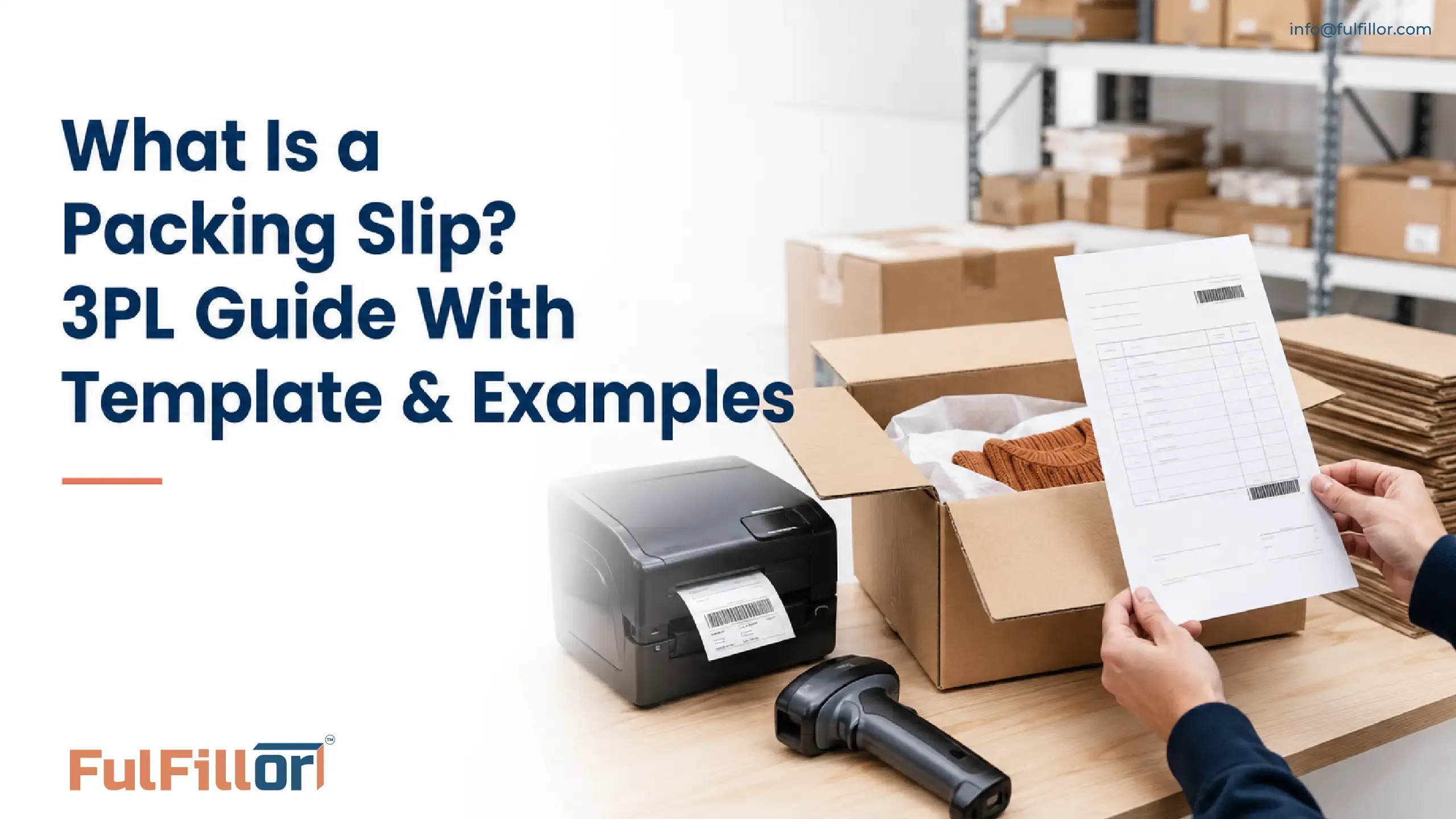 3PL warehouse worker reviewing a packing slip beside a packed order, label printer, and barcode scanner
