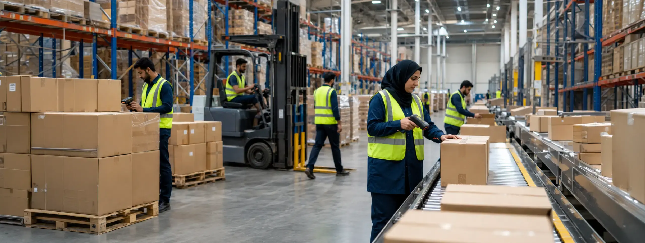 Middle East 3PL warehouse team scanning parcels during fulfillment operations