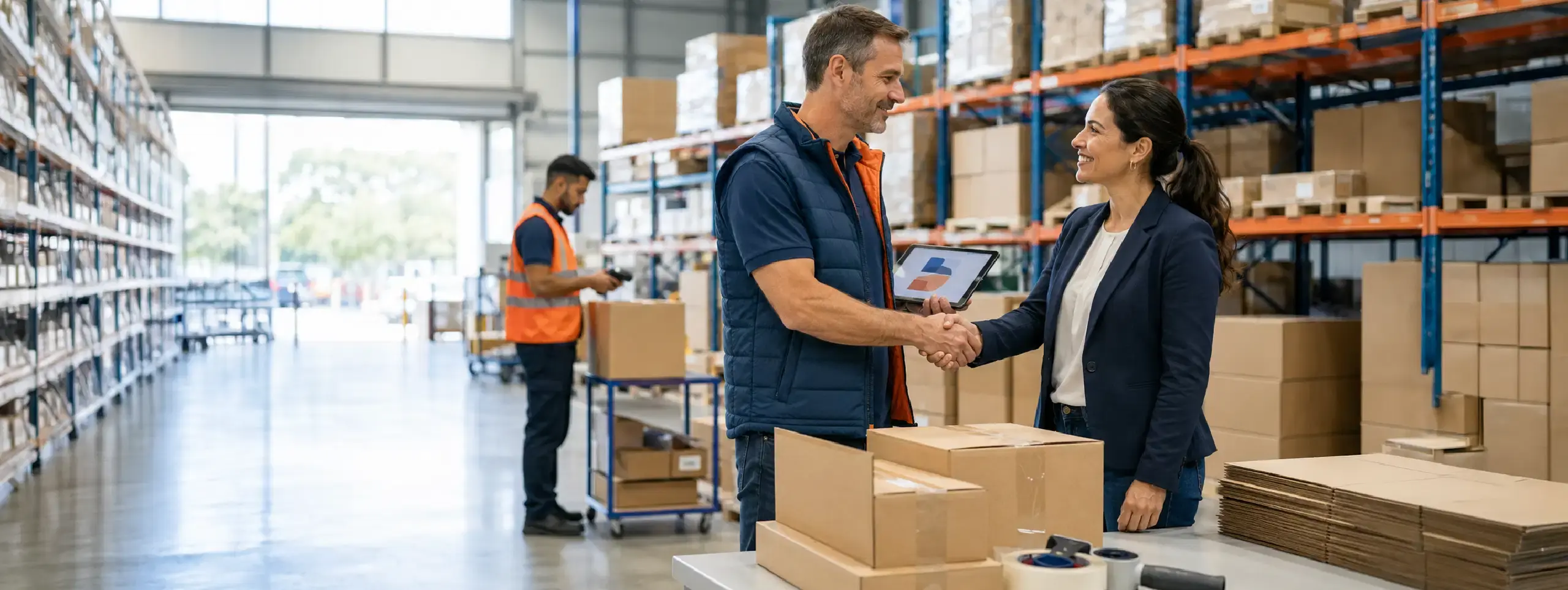 Two professionals confirming 3PL client onboarding go-live in a warehouse