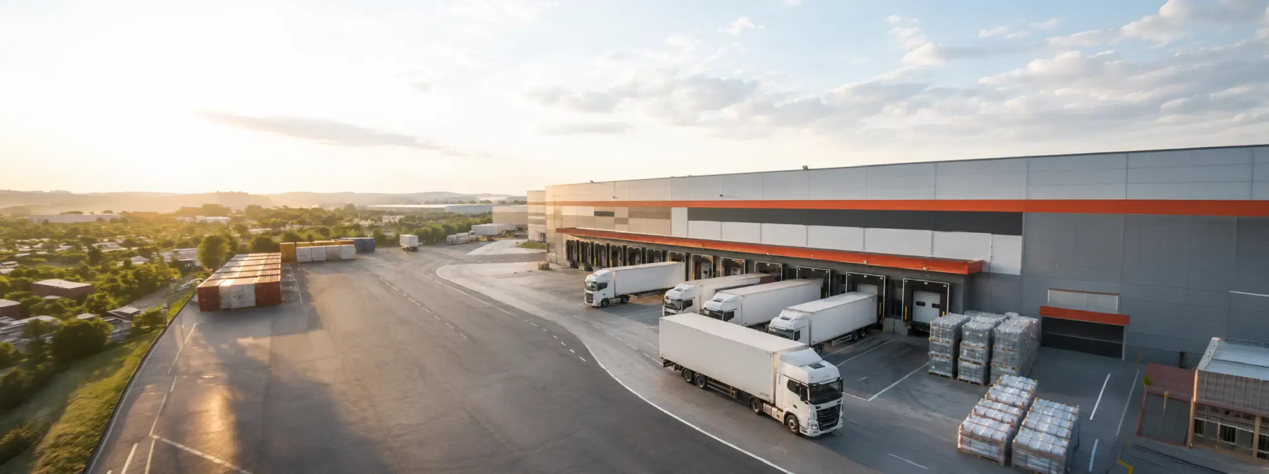Logistics warehouse with trucks supporting transportation management and 3PL shipping operations