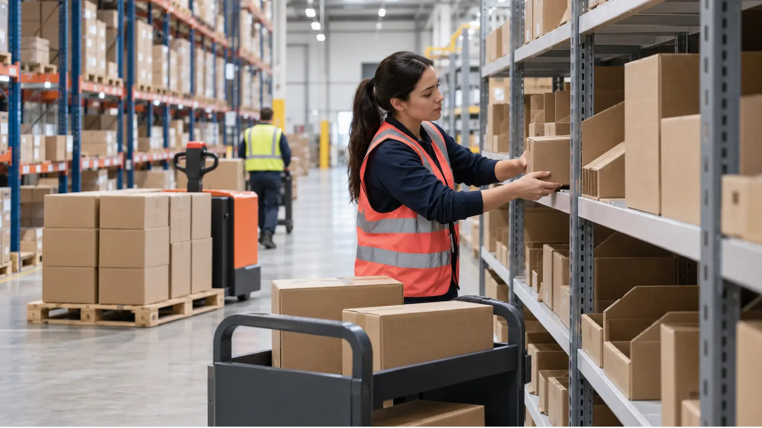 Warehouse worker placing a carton on a picking shelf beside a cart of stock