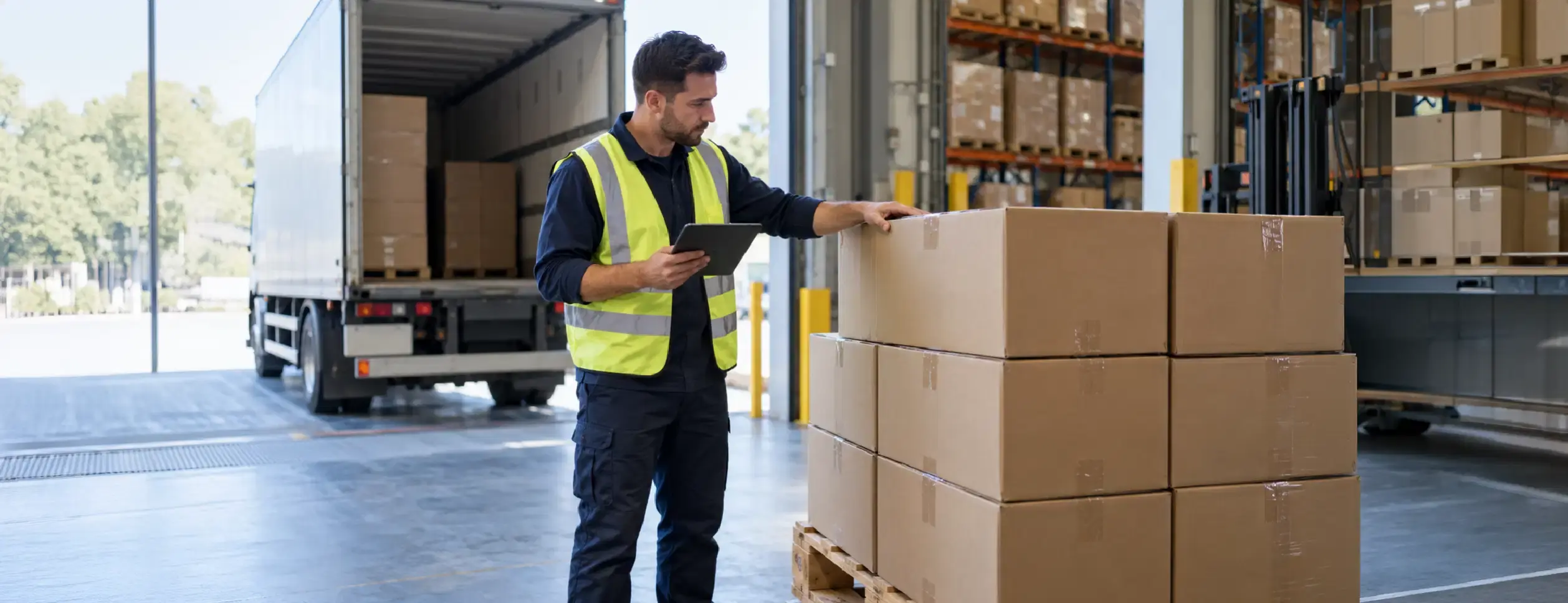 Warehouse receiver checking cartons on a pallet beside a delivery truck