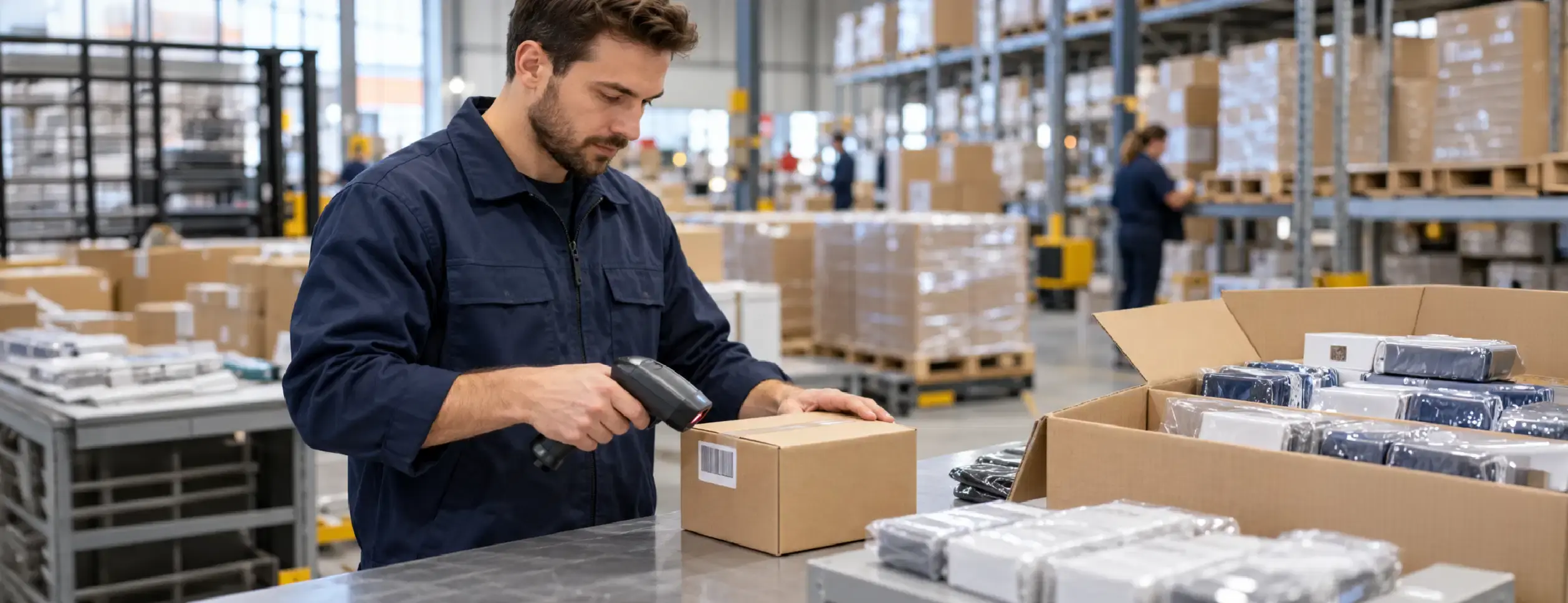 Warehouse receiving illustration with incoming cartons, a checklist, pallet jack, and barcode scanner