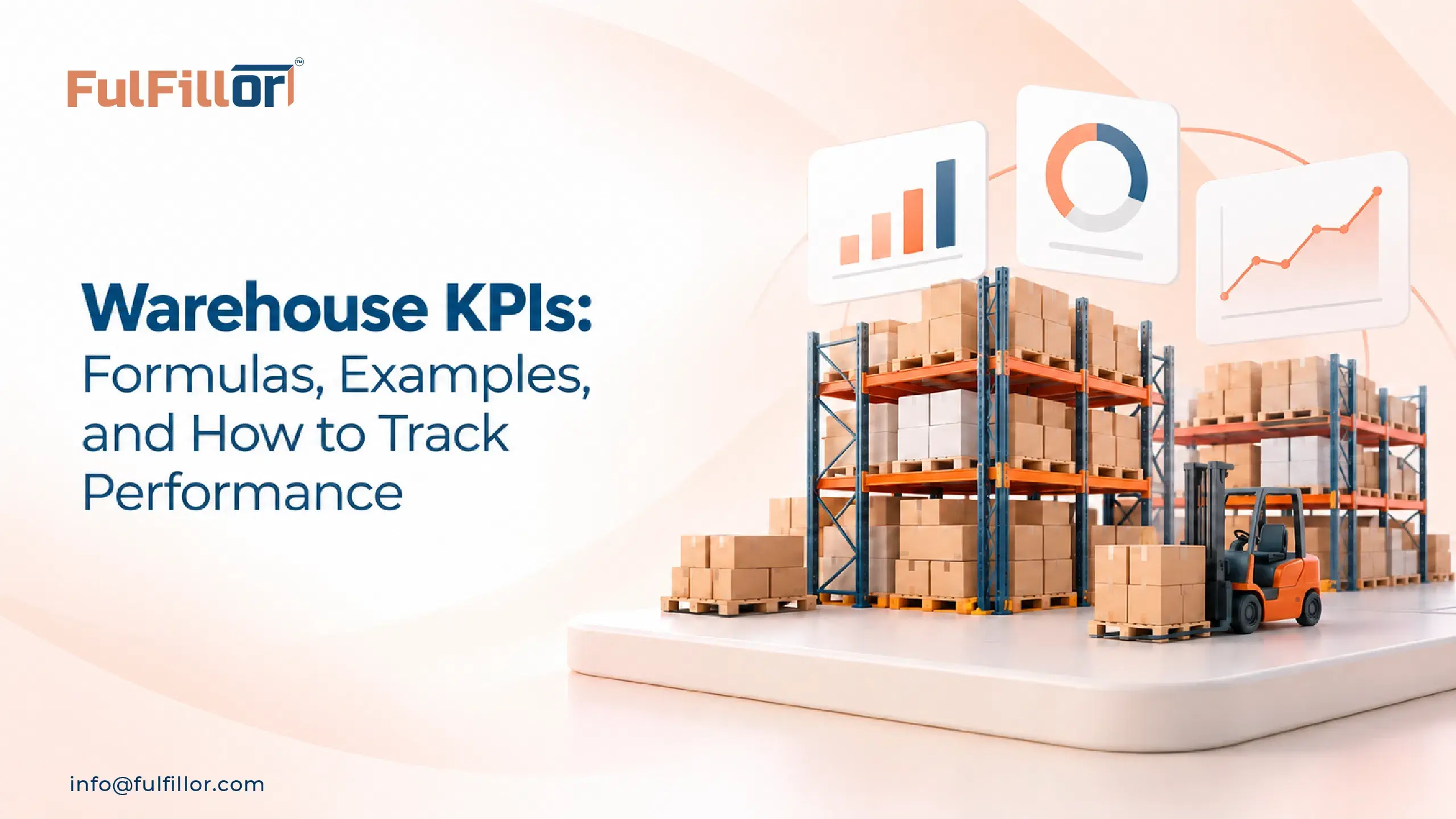 Warehouse KPIs guide covering formulas, examples, and performance tracking, illustrated with warehouse racks and charts