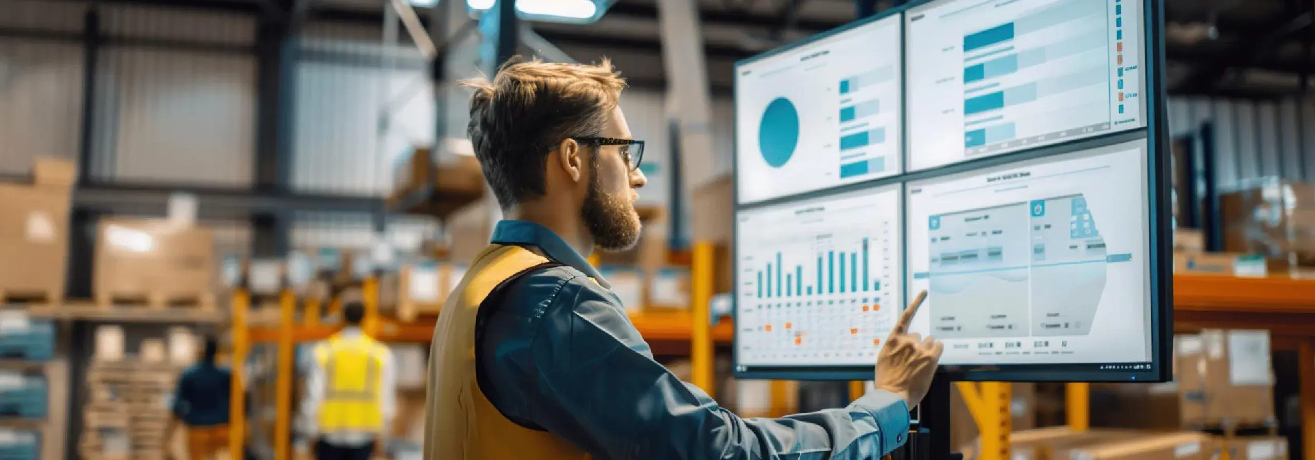 Warehouse worker reviewing performance charts and operational dashboards on a large monitor