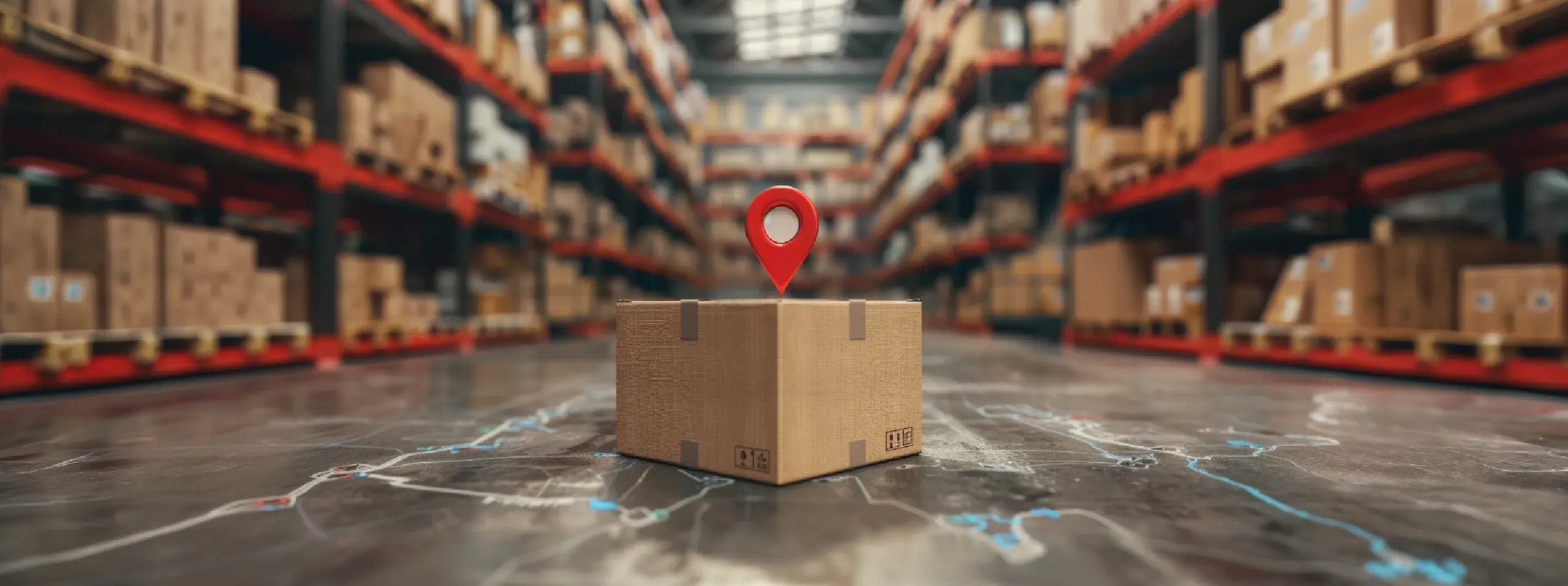 Cardboard box beneath a red location pin in a warehouse aisle
