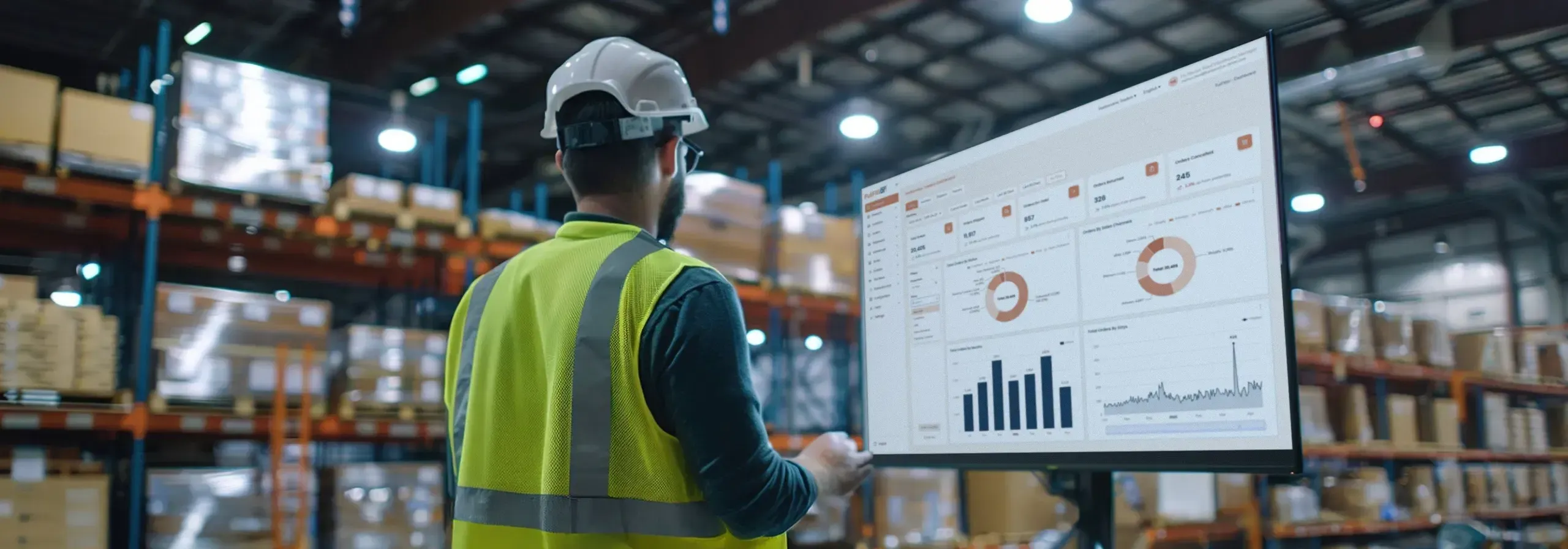 Warehouse worker reviewing inventory charts and reports on a large screen